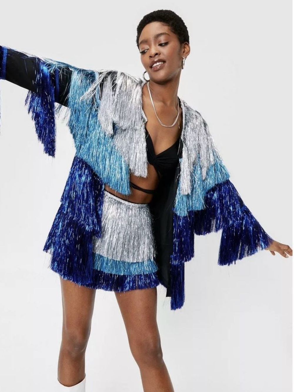 Nasty Gal Metallic Tiered Tinsel Fringe Open Front Jacket Rave Blue Sz 4 NWOT